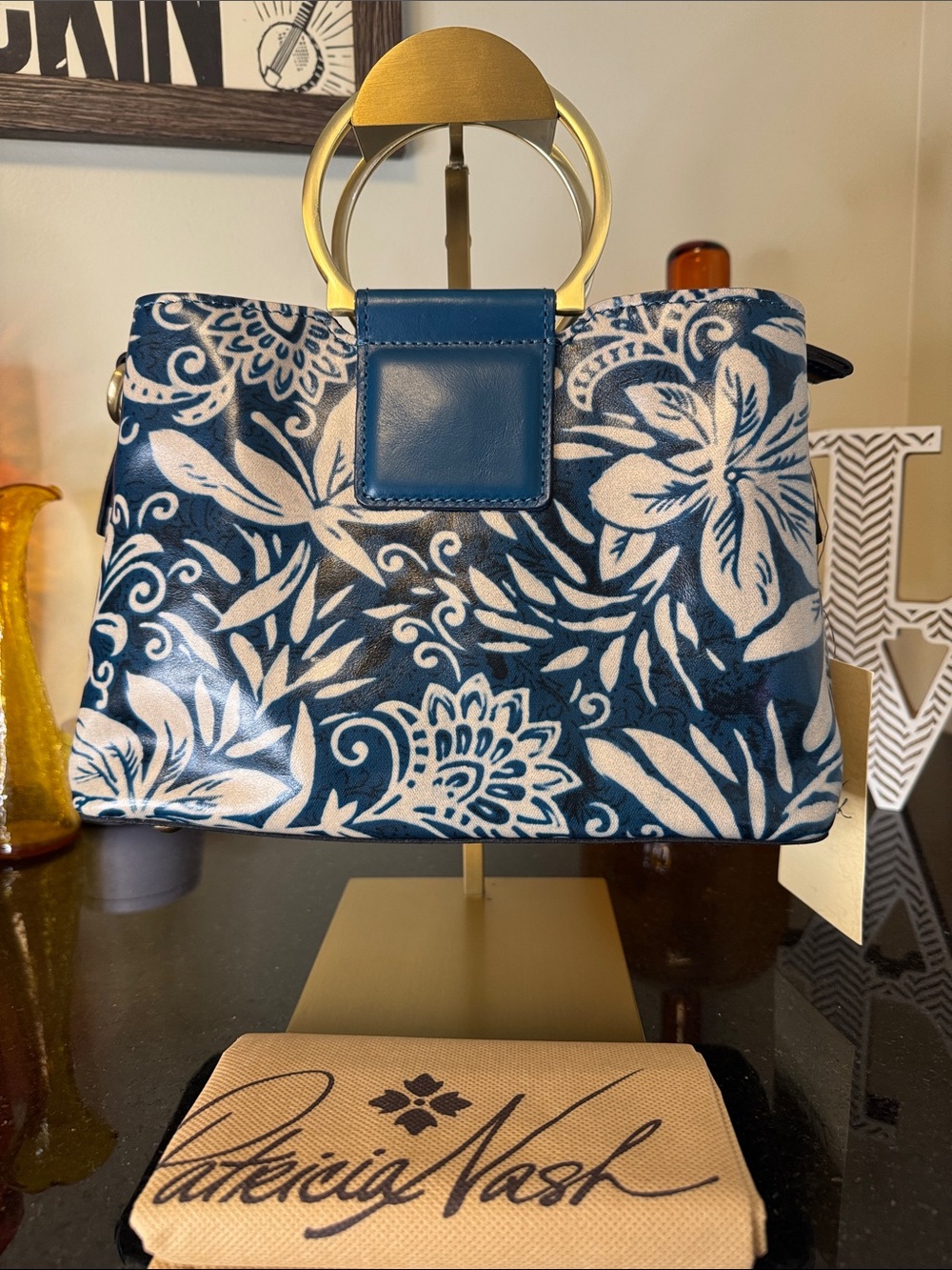 Patricia Nash Blue & Cream Floral Shoulder Bag with Gold Accent Handles